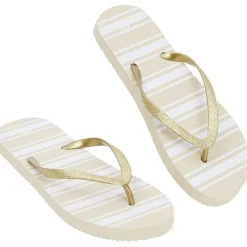 Tongs Femme plastique beige rayure blanche bride pailleté doré 38/39