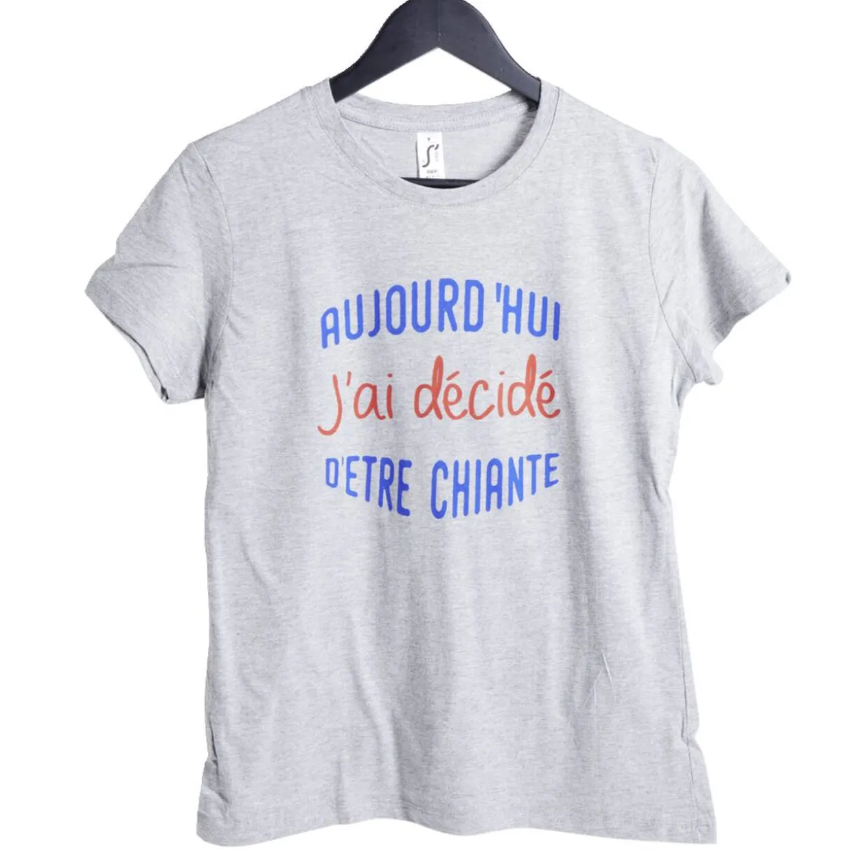 T-shirt femme coton gris avec inscription bleu et rouge