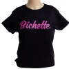 T-shirt femme inscription Bichette coton noir et rose