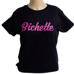 T-shirt femme inscription Bichette coton noir et rose