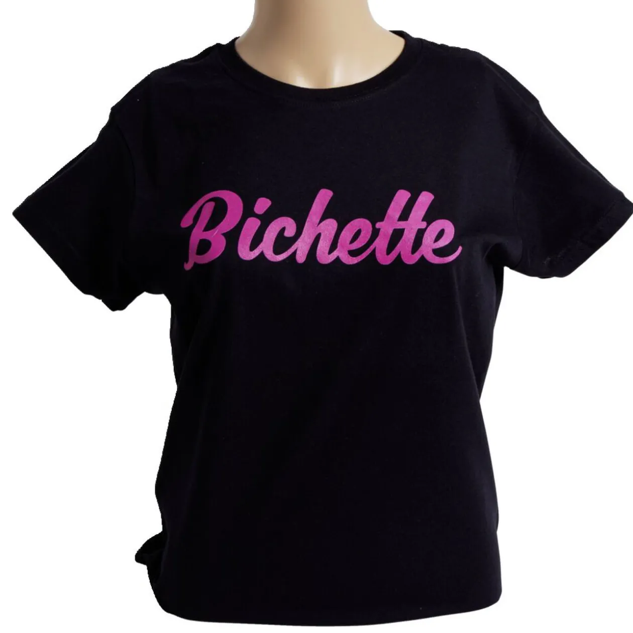T-shirt femme inscription Bichette coton noir et rose