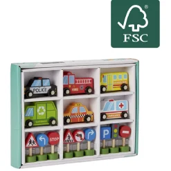 Véhicules et panneaux de signalisation en bois certifié FSC® 15 pièces