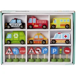 Véhicules et panneaux de signalisation en bois certifié FSC® 15 pièces